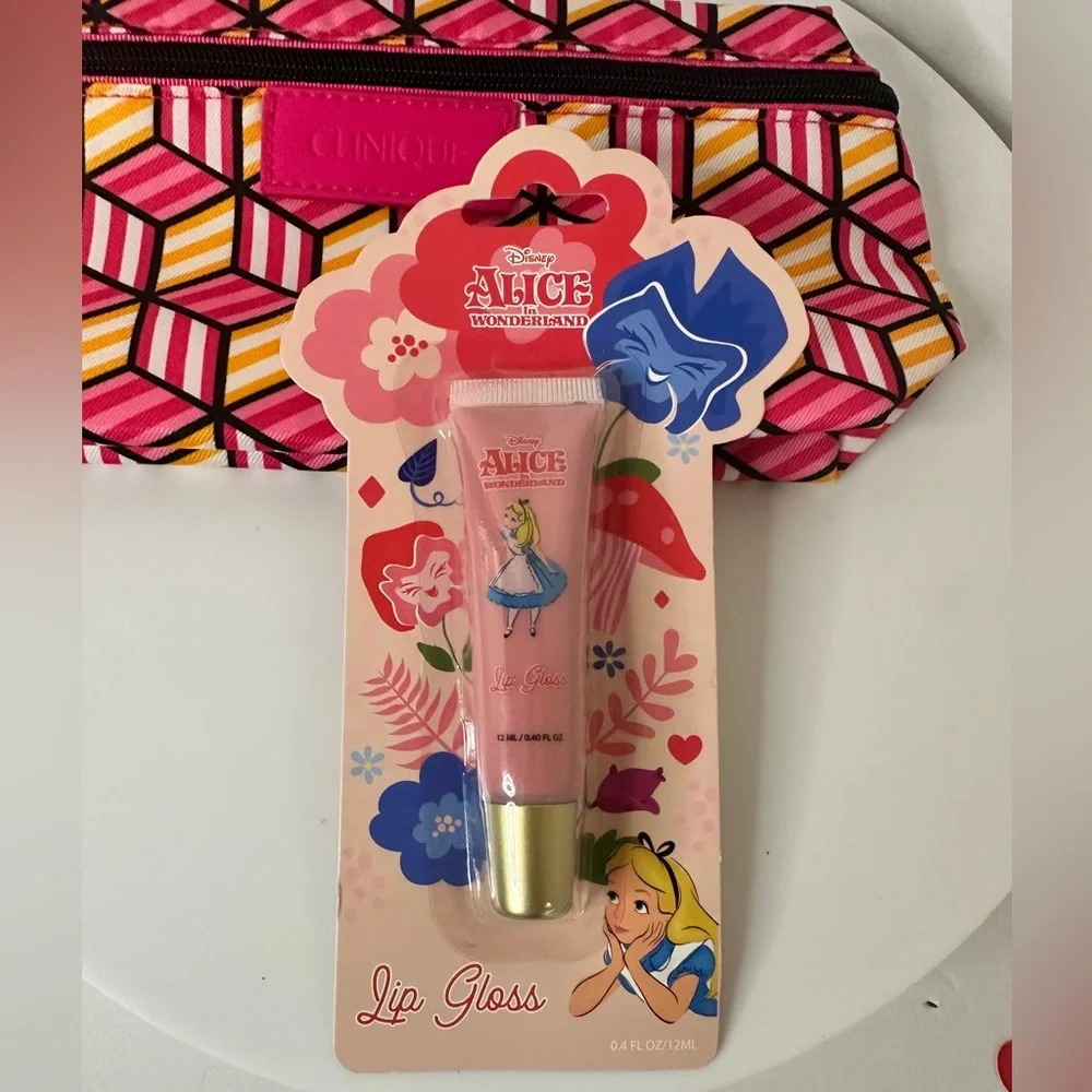 Disney Alice In Wonderland Lip Gloss Set of 3 NWT with Clinique Makeup Bag